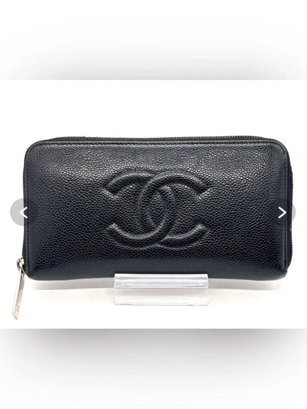Authentic CHANEL Black Caviar Leather Zip-Around Wallet with Embossed CC
